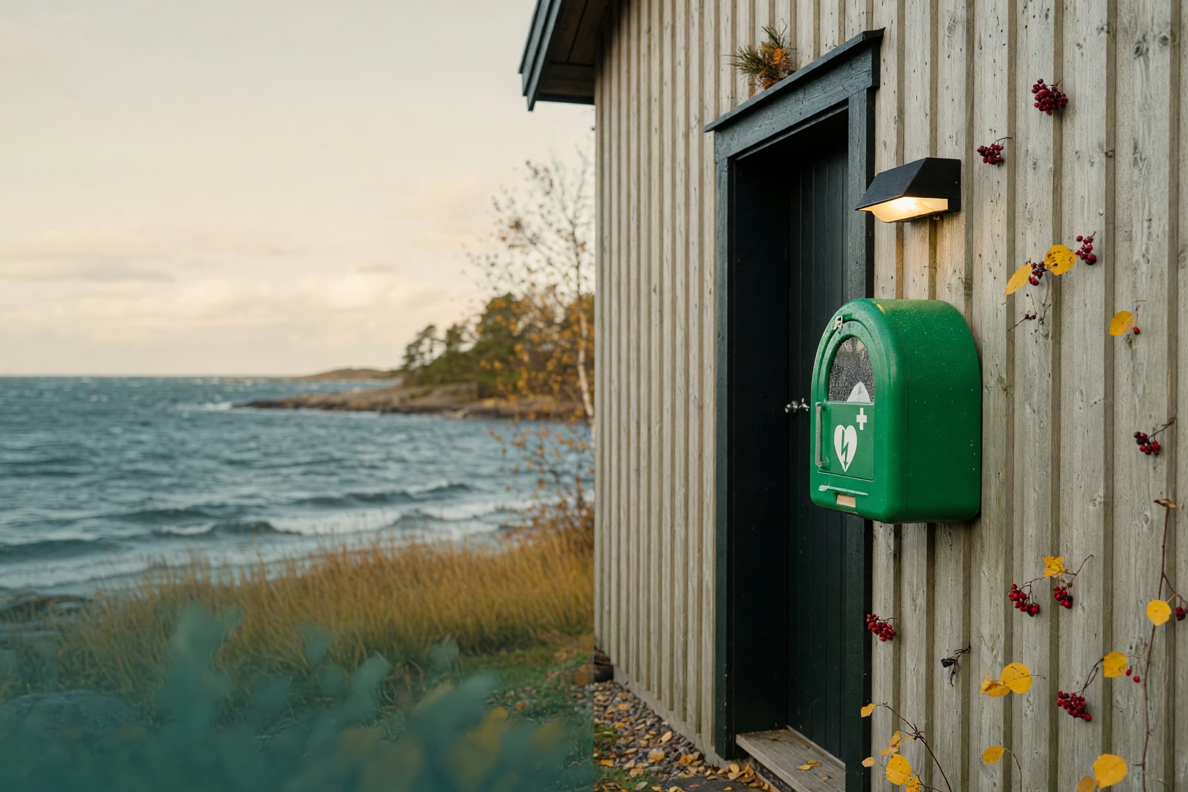 Uppvärmt hjärtstartarskåp på en träfasad vid havet