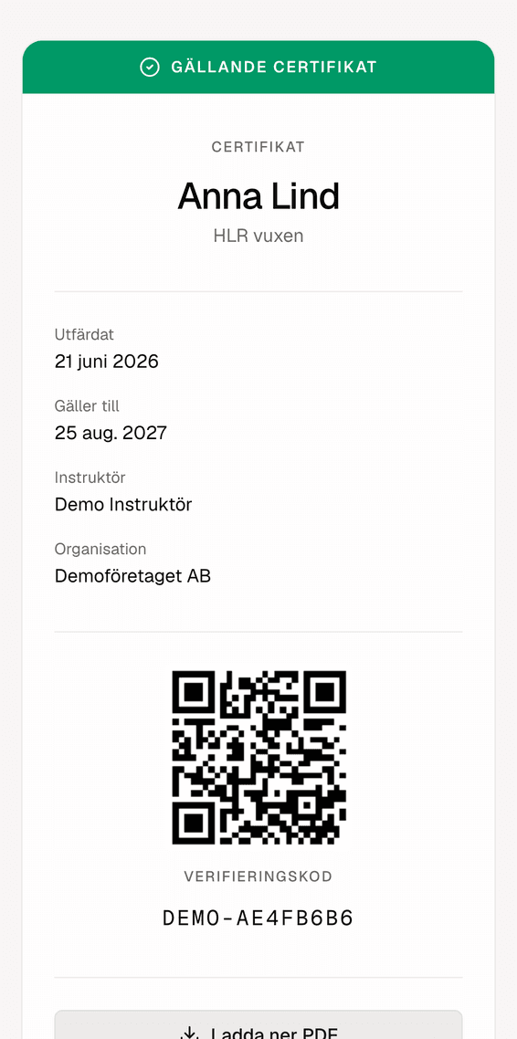 Digitalt certifikat i Hjärtgruppens portal, med deltagarens namn, kurs, utfärdandedatum, instruktör och en QR-kod för verifiering