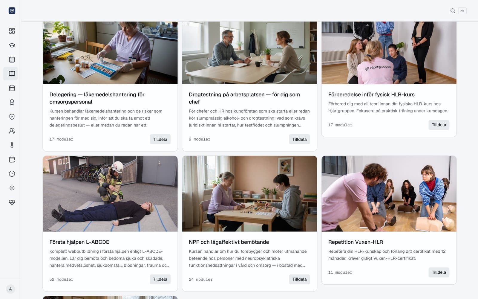 Kurskatalogen i kundportalen med bland annat Repetition Vuxen-HLR som kan tilldelas personalen
