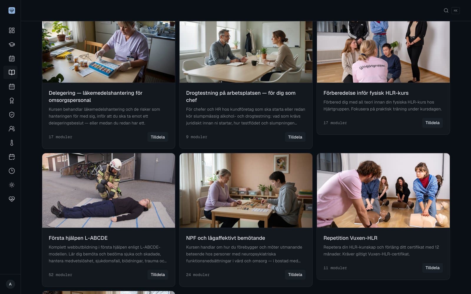 Kurskatalogen i kundportalen med bland annat Repetition Vuxen-HLR som kan tilldelas personalen